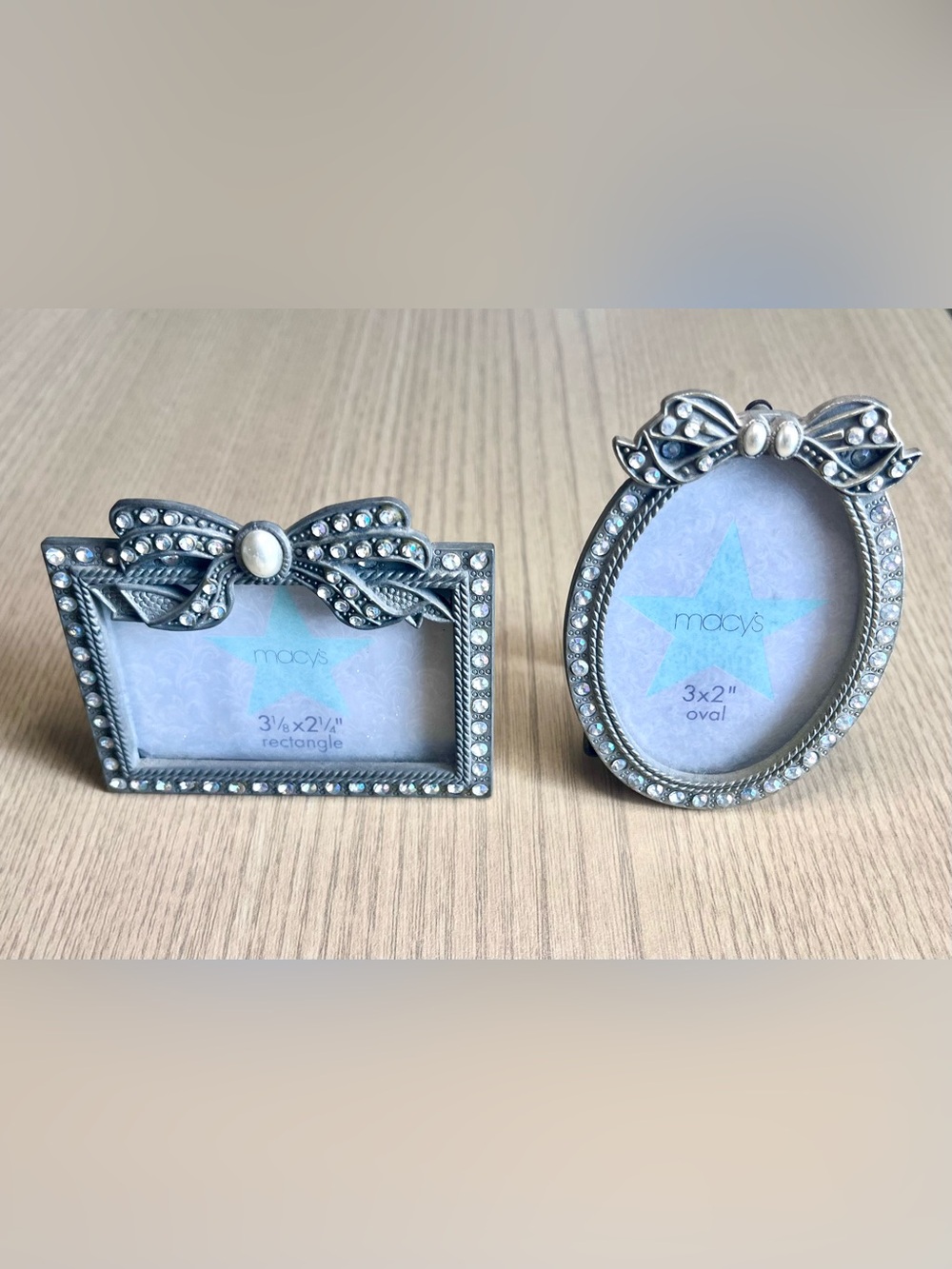 Macys Set of 2 Mini Jeweled Picture Frames Pewter Rhinestone Bow Oval Rectangle